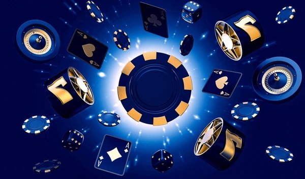 Dealer casino live memimpin permainan dengan kartu dan roda roulette di meja berlampu biru
